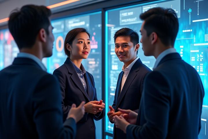 モダンなオフィスで会議するグローバルIT企業のチーム