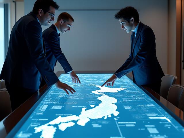 欧州企業とShinku Advisersの担当者が日本地図の上で議論している様子